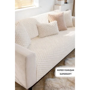 Evlen Home Collection Soft Kürklü Koltuk Örtüsü 170X215 cm Yumuşak Peluş Lüks Kaymaz Taban Kanepe Örtüsü Krem Kırık Beyaz
