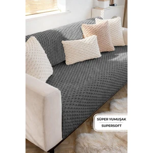 Evlen Home Collection Soft Kürklü Koltuk Örtüsü 170X215 cm Yumuşak Peluş Lüks Kaymaz Taban Kanepe Örtüsü Antrasit
