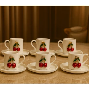 6 Kişilik Beyaz Porselen Fenomen Kiraz Kahve Fincan Takımı Sunum Fincanı
