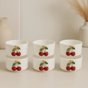 6 Lı Beyaz Porselen Kiraz Sosluk Lokumluk Sunum Kasesi Mini Boy