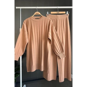 Kirazca Butik Kadıntriko Fitilli Balon Kol Ikili Takım Tunik Pantolon Tesettür Takım