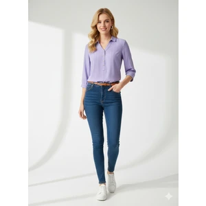 Ribana Classic Kadın Büyük Beden Düğme Detaylı Jesica Kumaş Katlama Kol Gömlek Yaka Tunik