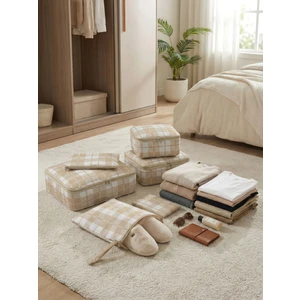 6'lı Bej Kare Ekose Desenli Valiz Bavul Içi Düzenleyici Seti Seyahat Hurcu Çanta Makyaj Organizer Seti