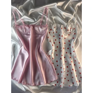 Hama Love Kadın Pembe - Beyaz Kalpli Saten Gecelik