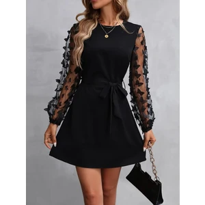 Kendim Fashion Kadın Uzun Kollu Bisiklet Yaka Kollar Tül Kelebek Detaylı Ithal Krep Elbise