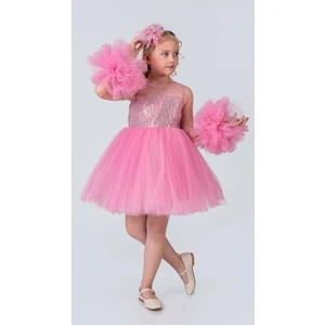 Mnk Baby & Kids Şifon Robalı Ponpon Kol Pul Payetli Kız Çocuk Kabarık Etek Tütülü Abiye