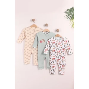 Yeşil Unisex Erkek Bebek Kız Bebek %100 Pamuklu Fermuarlı 3'lü Kirpi Desenli Manşetli Tulum Seti (9AY 12AY 18AY)