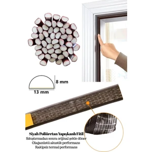 D Tipi Poliüretanlı Köpük Fitil, Yapışkanlı Kapı Pencere Contası, Sünger Conta, Ses, Toz ve Isı Yalıtım Fitili 4 Metre Siyah