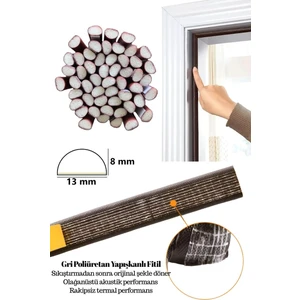 D Tipi Poliüretanlı Köpük Fitil, Yapışkanlı Kapı Pencere Contası, Sünger Conta, Ses, Toz ve Isı Yalıtım Fitili 4 Metre Gri Renk