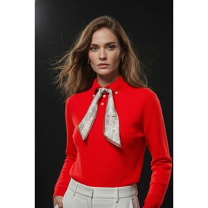 Studio Fashion 1988 Kadın Kırmızı Polo Yaka Yumuşak Dokulu Fularlı Kazak