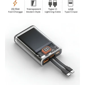 10000mAh Dijital Ekran Powerbank 22 5W Hızlı Şarj 1 USB 1 Type C Girişli Type C ve Lightning Kablolu