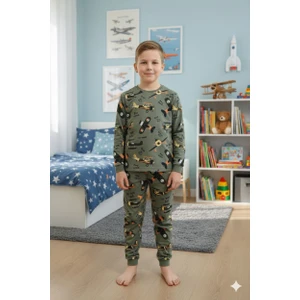 Bunny Hopp Vintage Uçak Desenli %100 Pamuk Süprem Penye Kumaş Uzun Kollu Erkek Çocuk Pijama Takımı