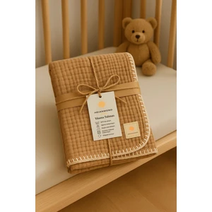 4 Kat Çoban Dikişli Karamel Rengi %100 Pamuk Müslin Bebek Battaniye (100X120 Cm)