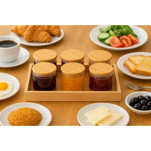 Noah Exclusive 6 Adet 150 ml Borosilikat Cam Reçellik Bambu Kapaklı Tepsili Kahvaltılık -Bambu Kapaklı ve Tepsili Kahvaltilik - ( 70 x 50 Mm)