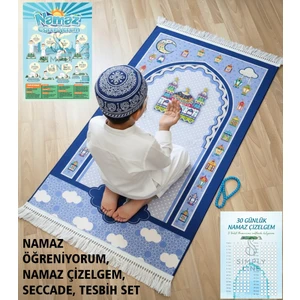 Simply Line Namaz öğreniyorum ve çizelgesi tesbih hediyeli Büyük Boy 45X90 Kız Erkek Çocuk Namaza Ilk Adım Çocuk Seccadesi Eğlenceli Dekoratif Namazlık hediyelik