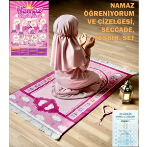 Simply Line Namaz öğreniyorum ve çizelgesi Büyük Boy 45X90 Kız Erkek Çocuk Namaza Ilk Adım Çocuk Seccade Eğlenceli Dekoratif Namazlık