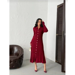 SFG Life Moda Kadın Gömlek Yaka Şık Gold Düğmeli ve Fitilli Uzun Triko Gömlek Elbise