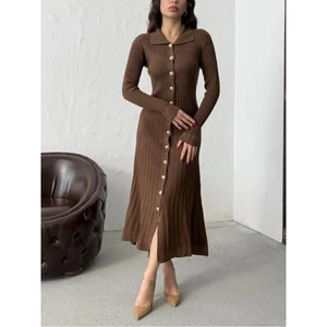 SFG Life Moda Kadın Gömlek Yaka Şık Gold Düğmeli ve Fitilli Uzun Triko Gömlek Elbise