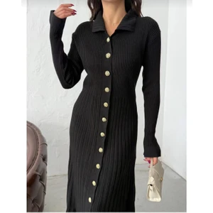 SFG Life Moda Kadın Gömlek Yaka Şık Gold Düğmeli ve Fitilli Uzun Triko Gömlek Elbise