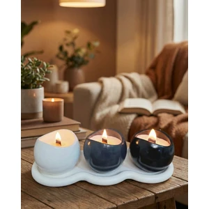 Ahşap Fitilli 3'lü Taş Tozu Soya Mumu Seti ve Tepsisi - Siyah/Füme/Beyaz Spa Seti