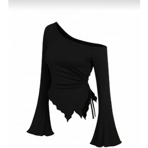 Şık Kadın Siyah Yan Bağcıklı Uzun Kollu Bluz