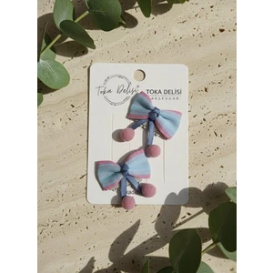 Toka Delisi Pembe Mavi Saçsız Bebek Tokası, Ikili Sevimli Kurdeleli Saçsız Bebek Tokası