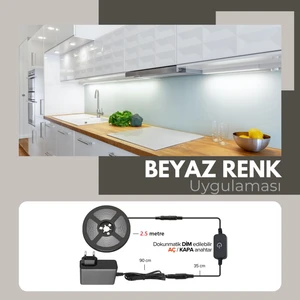 Amber LED 12V Yüksek Parlaklık Şerit LED Tak Çalıştır Hazır Set, 2,5 Metre Beyaz, Dokunmatik Aç-Kapa Dim Edilebilir Anahtar ve Adaptör Dahil, Gizli Aydınlatma, Mutfak, Tezgah, Dolap Içi ve Ayna Için