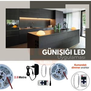 Amber LED 12V Yüksek Parlaklık 4040 Şerit LED Tak Çalıştır Hazır Set, 2,5 Metre Günışığı, Kumandalı Aç-Kapa Dimmer ve Adaptör Dahil, Gizli Aydınlatma, Mutfak, Tezgah, Dolap Içi ve Ayna Için