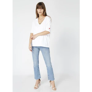 Beyaz Kadın V Yaka Oversize T-Shirt TALITA