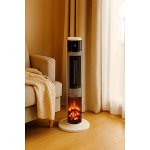 German White Hg-Whıo OLED Oval Seri Şömineli Ekran Dijital Seramik Kule Tipi Fanlı Isıtıcı Uzaktan Kumandalı