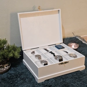 Tekir Store Ahşap 9 Bölmeli Saat Kutusu Dekoratif Beyaz Saat Aksesuar Saklama Kutusu Organizer