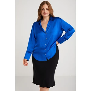 Eıleen Kadın Saten Görünümlü Gömlek Yaka Oversize Fit Dokuma Mavi Büyük Beden Gömlek