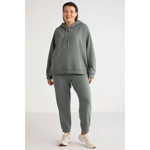 Terezabb Kadın İçi Polarlı Yumuşacık Comfort Fit Kapüşonlu Kanguru Cep Yeşil Büyük Beden Sweatshirt