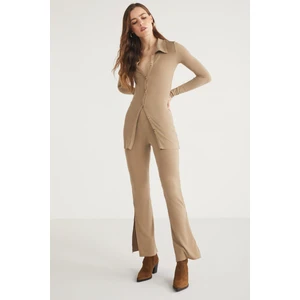 Suelana Kadın Slim/dar Kalıp Straight Fit Yırtmaç Detaylı Beli Lastikli Bej Pantolon