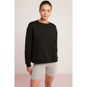 Sahra Kadın Pamuklu Içi Polarlı Yumuşacık Oversize Yuvarlak Yaka Basıc Siyah Sweatshirt