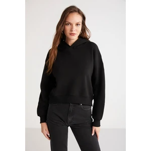 Ayla Kadın Içi Polarlı Comfort Yumuşacık Fit Kapüşonlu Crop Siyah Sweatshirt