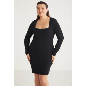 Bessıebb Kadın Vücudu Tamamen Saran Kare Yaka Mini Boy Siyah Büyük Beden Elbisekod