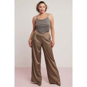 Soleil Kadın Saten Görünümlü Pilili Flare Vizon Büyük Beden Pantolon