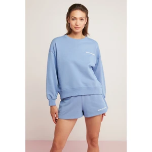 Sandra Kadın Pamuklu Içi Polarlı Yumuşacık Baskılı Yuvarlak Yaka Comfort Mavi Sweatshirt
