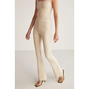 Jolly Kadın Örme Krep Interlok Vücuda Tamamen Oturan Yüksek Belli Flare Uzun Bej Pantolon