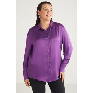 Yvonnebb Kadın Saten Kumaşlı Regular Fit Normal Kalıp Saten Kumaşlı Mor Büyük Beden Gömlek