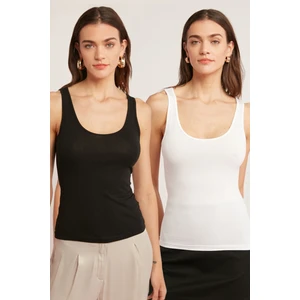 Jayla Kadın Pamuklu Vücudu Tamamen Saran Kalın Askılı Yuvarlak Yaka 2'li Takım Siyah - Beyaz Body