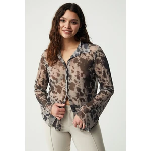 PIPPABB Kadın Tül Kumaşlı Transparan Slim Fit Vücüdu Saran Cow Desenli Büyük Beden Gömlek