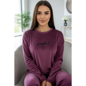 Pijama Evi Mürdüm Perfect Desenli Exclusive Kadife Kadın Pijama Takımı 