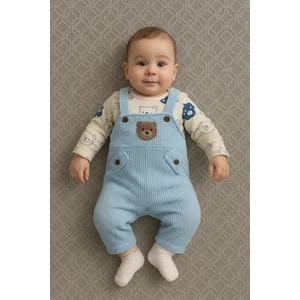 Ayıcık Desenli Erkek Bebek 3’lü Takım – %100 Organik Pamuk Body, Salopet ve Çorap Seti