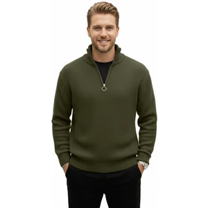 Erkek Haki Yarım Fermuarlı Oversize Kesim Triko Kazak – %100 Pamuk, Yumuşak Dokulu Örgü Kazak 2608511