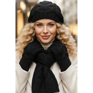 Kadın Örgü Desenli Bere Atkı Eldiven Takım