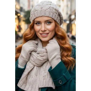 Kadın Örgü Desenli Bere Atkı Eldiven Takım