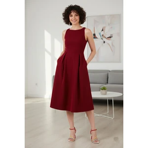 Regular Fit Bisiklet Yaka Cepli Pileli Midi Boy Abiye Elbise Bayan Elbise 6111963