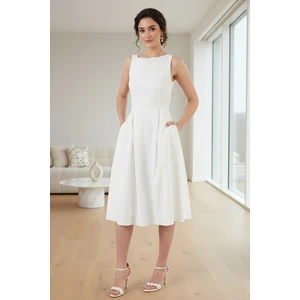 Regular Fit Bisiklet Yaka Cepli Pileli Midi Boy Abiye Elbise Bayan Elbise 6111963